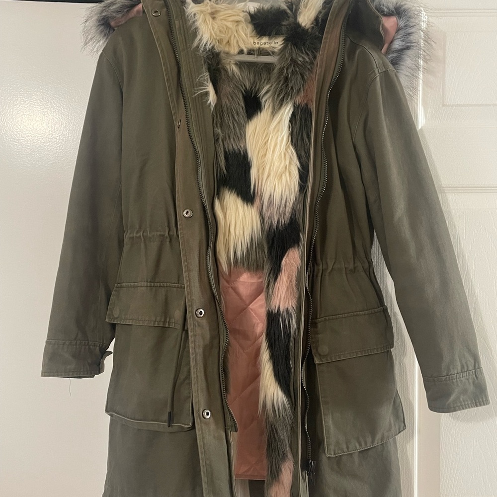 Bagatelle Khaki Utility Jacket with Faux Fur Trim
